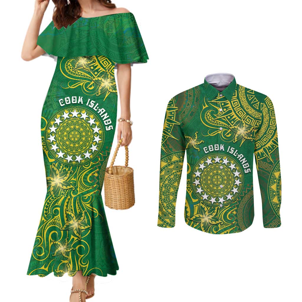 Personalised Cook Islands Couples Matching Mermaid Dress and Long Sleeve Button Shirt Hibiscus Polynesian Tribal Pattern DT05 Green - Polynesian Pride