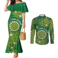 Personalised Cook Islands Couples Matching Mermaid Dress and Long Sleeve Button Shirt Hibiscus Polynesian Tribal Pattern DT05 Green - Polynesian Pride