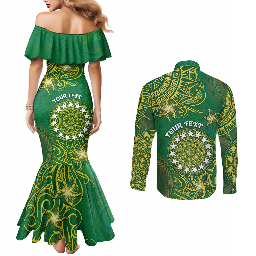 Personalised Cook Islands Couples Matching Mermaid Dress and Long Sleeve Button Shirt Hibiscus Polynesian Tribal Pattern DT05 - Polynesian Pride