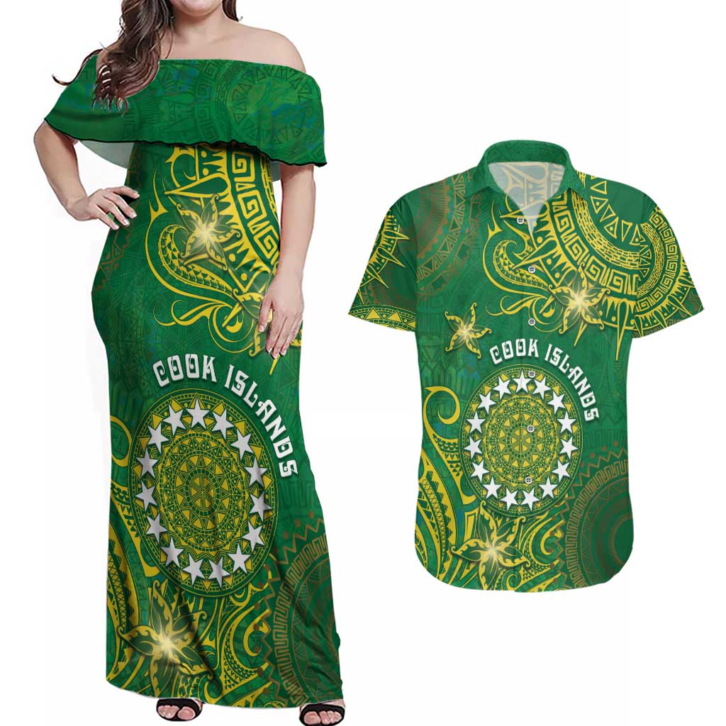 Personalised Cook Islands Couples Matching Off Shoulder Maxi Dress and Hawaiian Shirt Hibiscus Polynesian Tribal Pattern