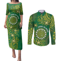Personalised Cook Islands Couples Matching Puletasi and Long Sleeve Button Shirt Hibiscus Polynesian Tribal Pattern DT05 Green - Polynesian Pride