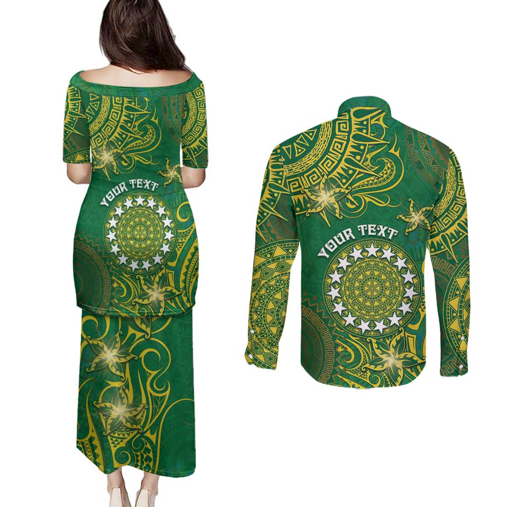 Personalised Cook Islands Couples Matching Puletasi and Long Sleeve Button Shirt Hibiscus Polynesian Tribal Pattern DT05 - Polynesian Pride
