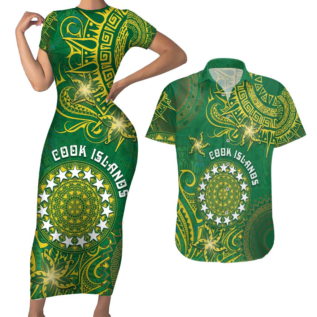 Personalised Cook Islands Couples Matching Short Sleeve Bodycon Dress and Hawaiian Shirt Hibiscus Polynesian Tribal Pattern