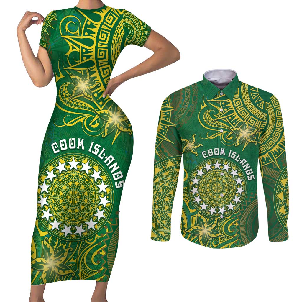 Personalised Cook Islands Couples Matching Short Sleeve Bodycon Dress and Long Sleeve Button Shirt Hibiscus Polynesian Tribal Pattern DT05 Green - Polynesian Pride
