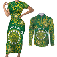 Personalised Cook Islands Couples Matching Short Sleeve Bodycon Dress and Long Sleeve Button Shirt Hibiscus Polynesian Tribal Pattern DT05 Green - Polynesian Pride