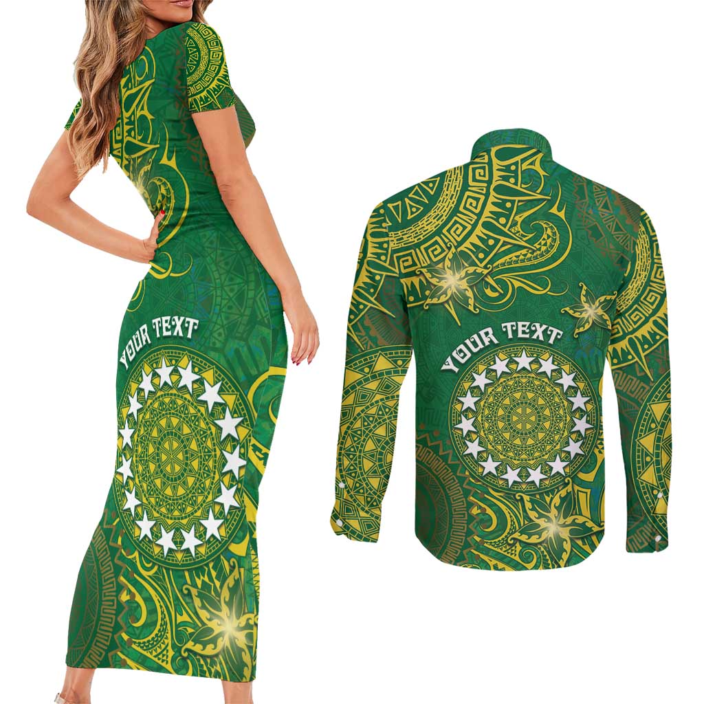 Personalised Cook Islands Couples Matching Short Sleeve Bodycon Dress and Long Sleeve Button Shirt Hibiscus Polynesian Tribal Pattern DT05 - Polynesian Pride
