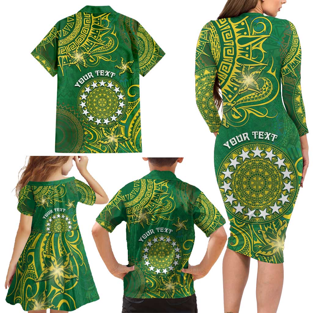 Personalised Cook Islands Family Matching Long Sleeve Bodycon Dress and Hawaiian Shirt Hibiscus Polynesian Tribal Pattern