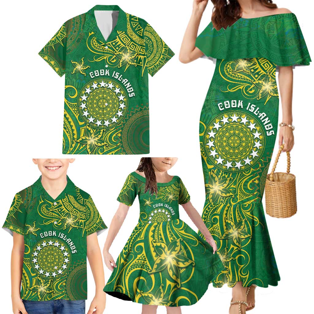 Personalised Cook Islands Family Matching Mermaid Dress and Hawaiian Shirt Hibiscus Polynesian Tribal Pattern