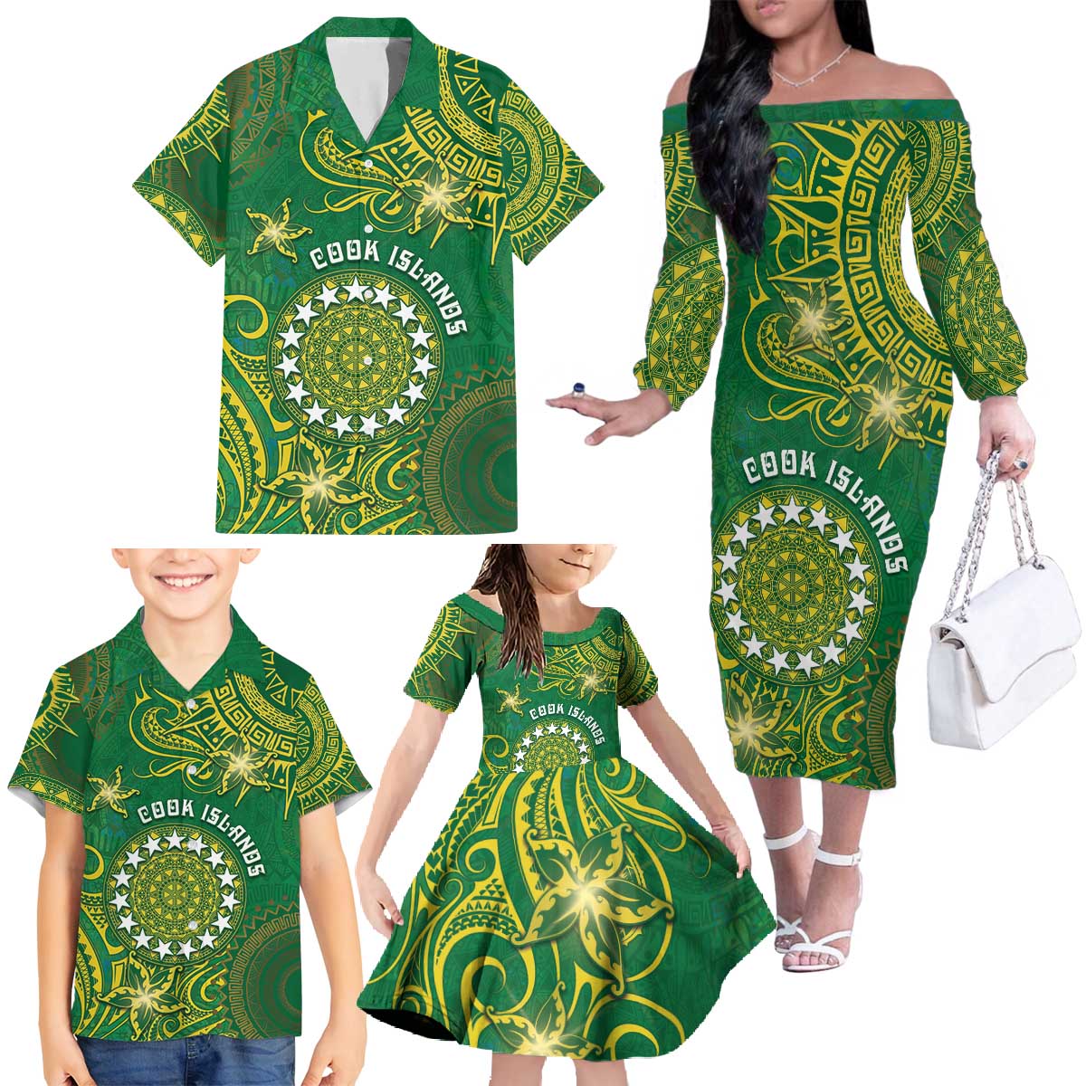 Personalised Cook Islands Family Matching Off The Shoulder Long Sleeve Dress and Hawaiian Shirt Hibiscus Polynesian Tribal Pattern