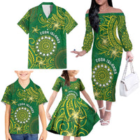 Personalised Cook Islands Family Matching Off The Shoulder Long Sleeve Dress and Hawaiian Shirt Hibiscus Polynesian Tribal Pattern