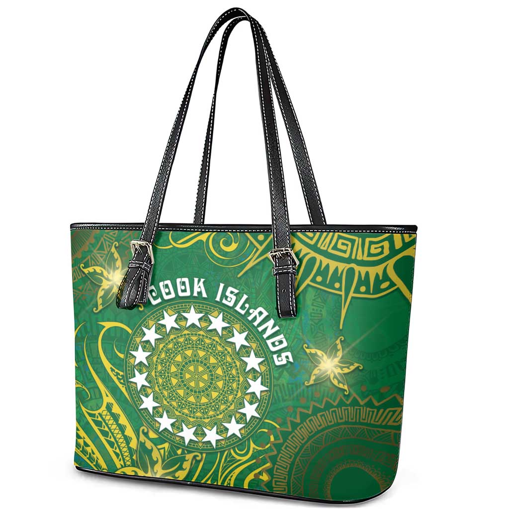 Cook Islands Leather Tote Bag Hibiscus Polynesian Tribal Pattern