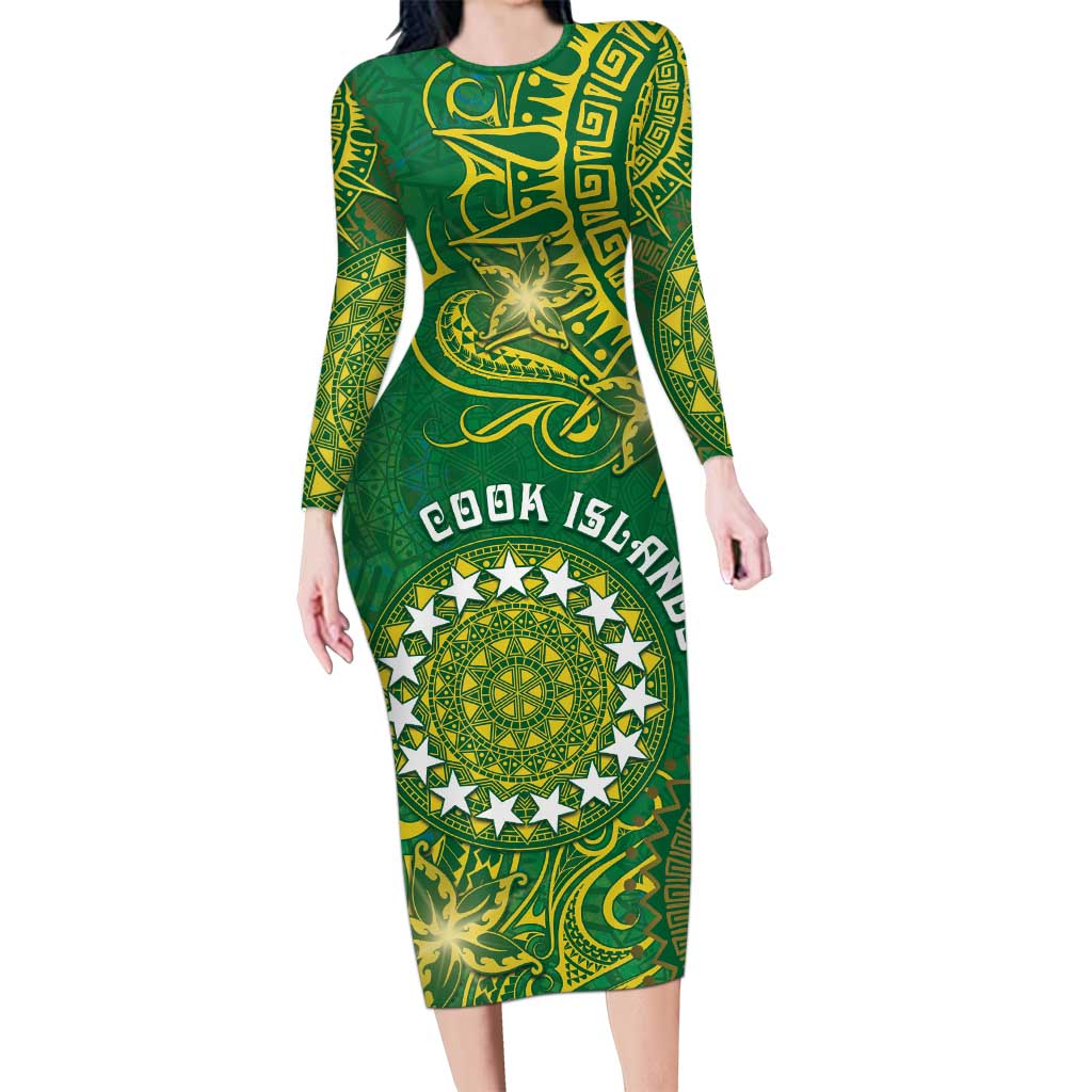 Personalised Cook Islands Long Sleeve Bodycon Dress Hibiscus Polynesian Tribal Pattern