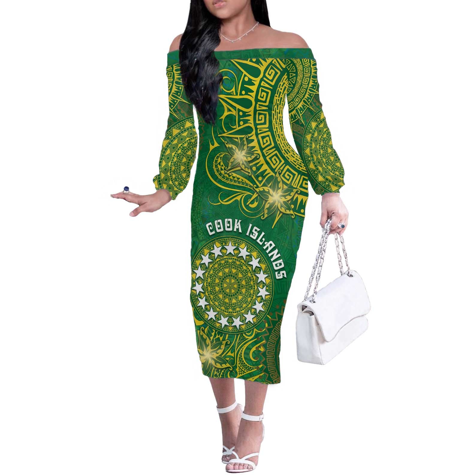 Personalised Cook Islands Off The Shoulder Long Sleeve Dress Hibiscus Polynesian Tribal Pattern