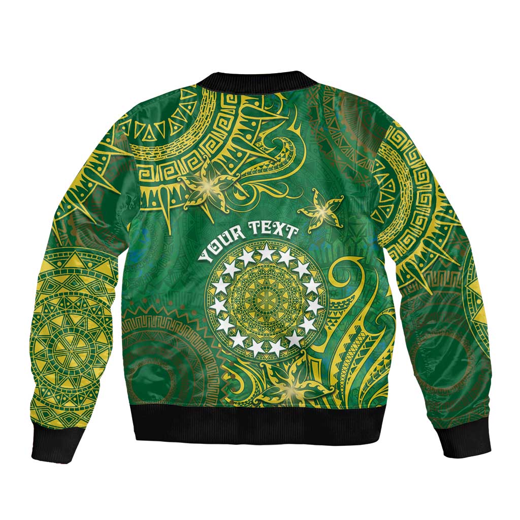 Personalised Cook Islands Sleeve Zip Bomber Jacket Hibiscus Polynesian Tribal Pattern