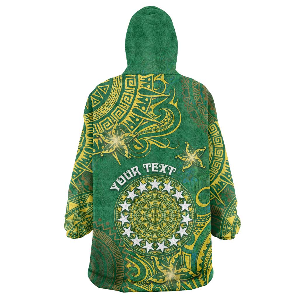 Personalised Cook Islands Wearable Blanket Hoodie Hibiscus Polynesian Tribal Pattern