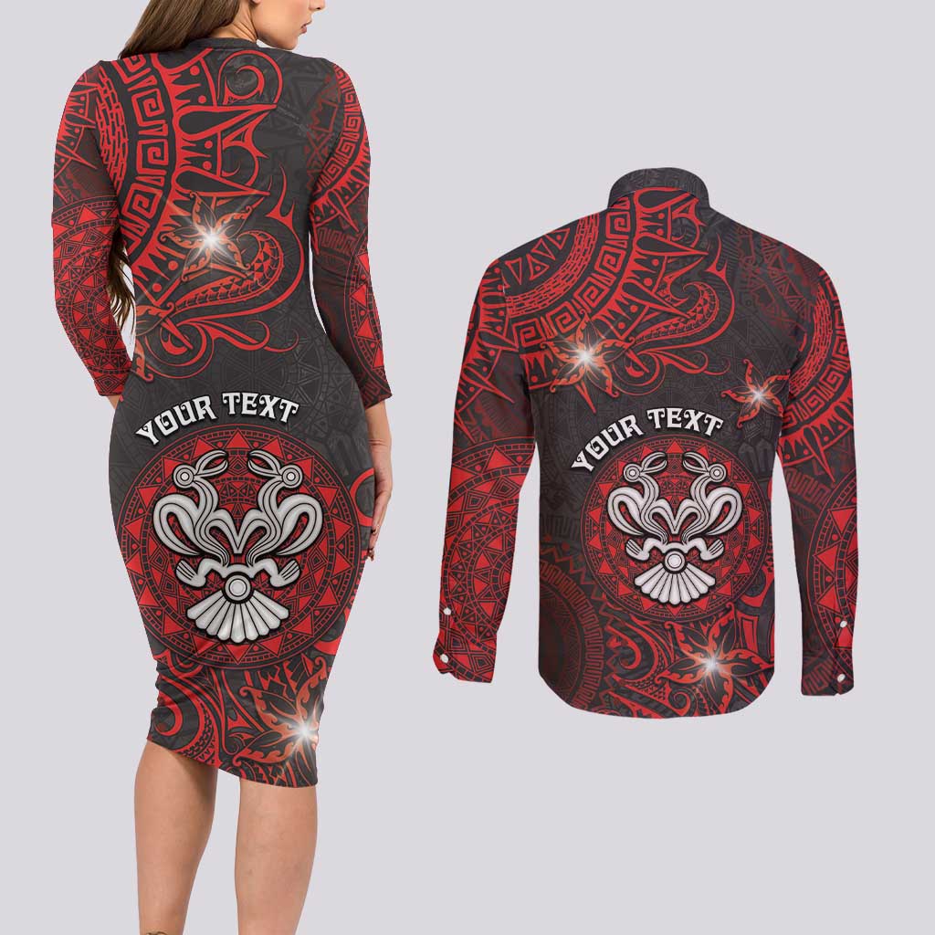 Personalised Easter Island Couples Matching Long Sleeve Bodycon Dress and Long Sleeve Button Shirt Hibiscus Polynesian Tribal Pattern