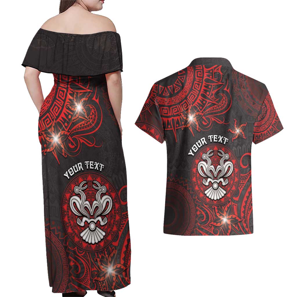 Personalised Easter Island Couples Matching Off Shoulder Maxi Dress and Hawaiian Shirt Hibiscus Polynesian Tribal Pattern