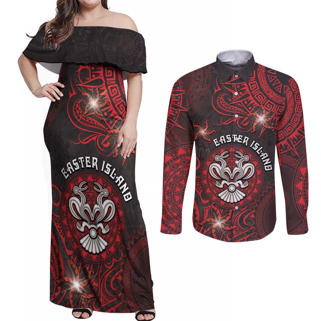 Personalised Easter Island Couples Matching Off Shoulder Maxi Dress and Long Sleeve Button Shirt Hibiscus Polynesian Tribal Pattern DT05 Black - Polynesian Pride