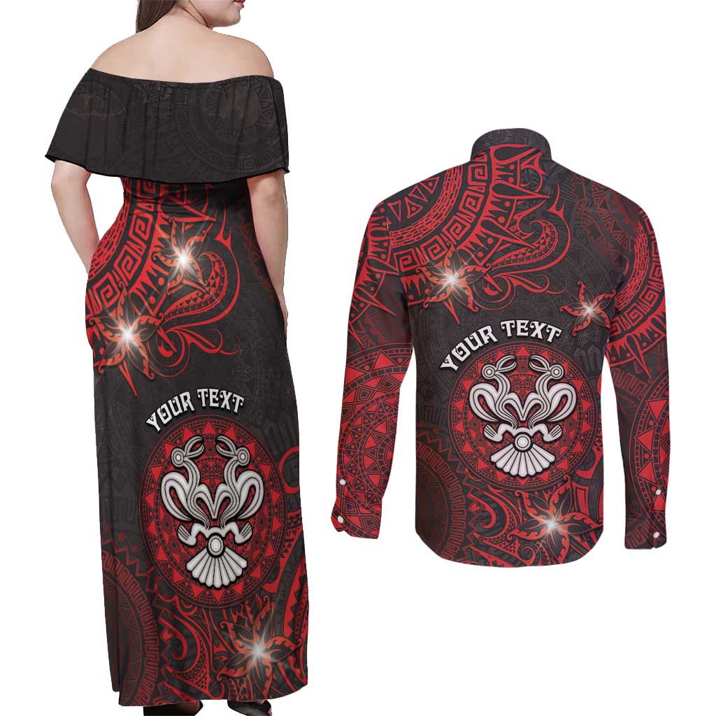 Personalised Easter Island Couples Matching Off Shoulder Maxi Dress and Long Sleeve Button Shirt Hibiscus Polynesian Tribal Pattern DT05 - Polynesian Pride