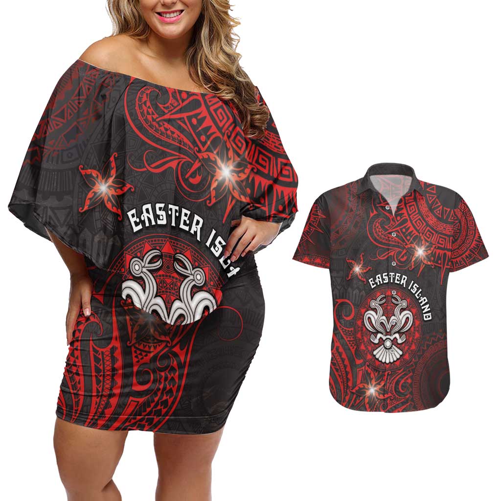 Personalised Easter Island Couples Matching Off Shoulder Short Dress and Hawaiian Shirt Hibiscus Polynesian Tribal Pattern