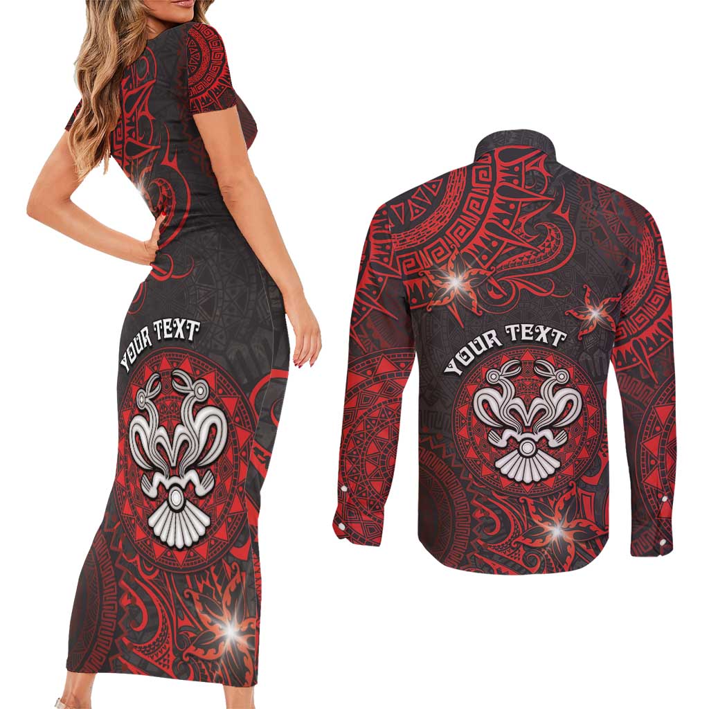 Personalised Easter Island Couples Matching Short Sleeve Bodycon Dress and Long Sleeve Button Shirt Hibiscus Polynesian Tribal Pattern
