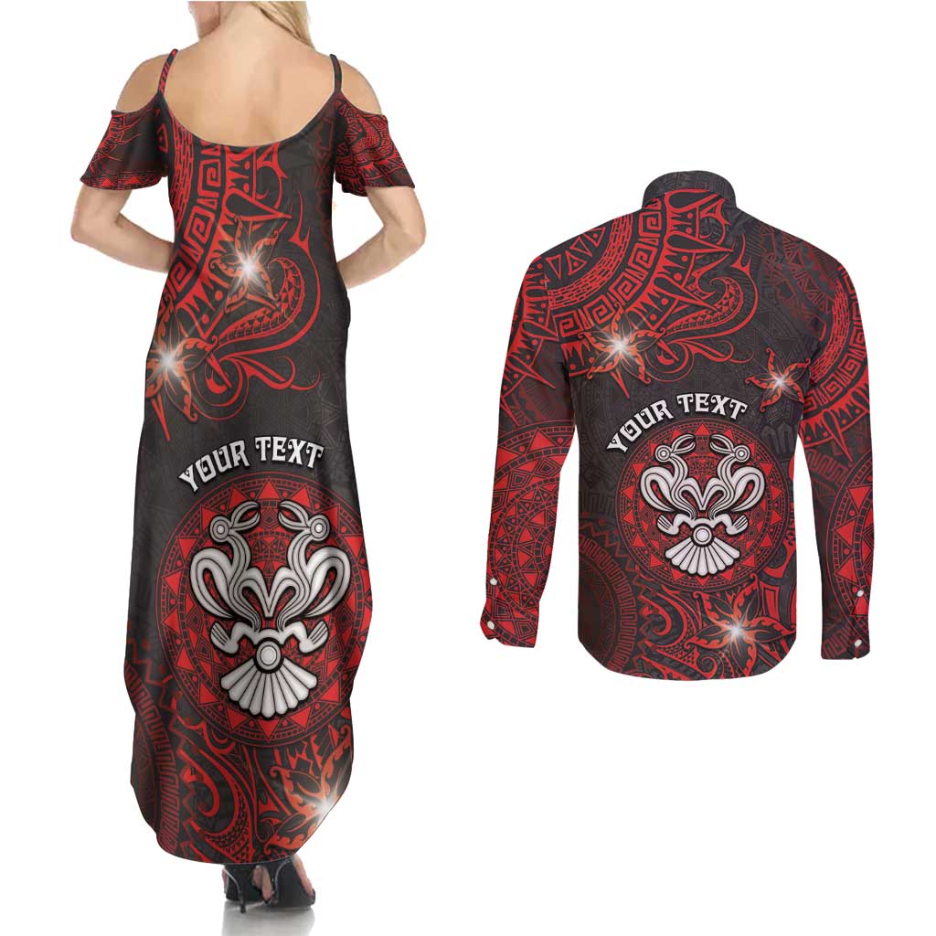 Personalised Easter Island Couples Matching Summer Maxi Dress and Long Sleeve Button Shirt Hibiscus Polynesian Tribal Pattern DT05 - Polynesian Pride