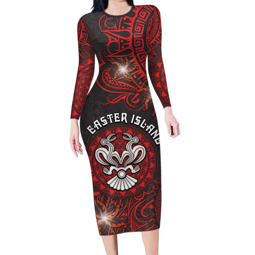 Personalised Easter Island Long Sleeve Bodycon Dress Hibiscus Polynesian Tribal Pattern