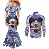 Samoa Christmas Couples Matching Mermaid Dress and Long Sleeve Button Shirt Samoan Siva Dance With Santa - Polynesian Pride