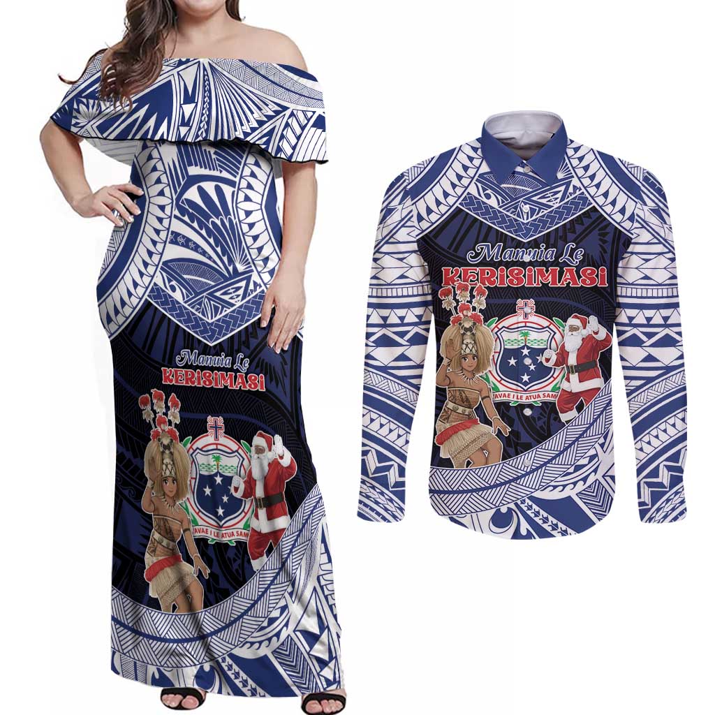 Samoa Christmas Couples Matching Off Shoulder Maxi Dress and Long Sleeve Button Shirt Samoan Siva Dance With Santa - Polynesian Pride
