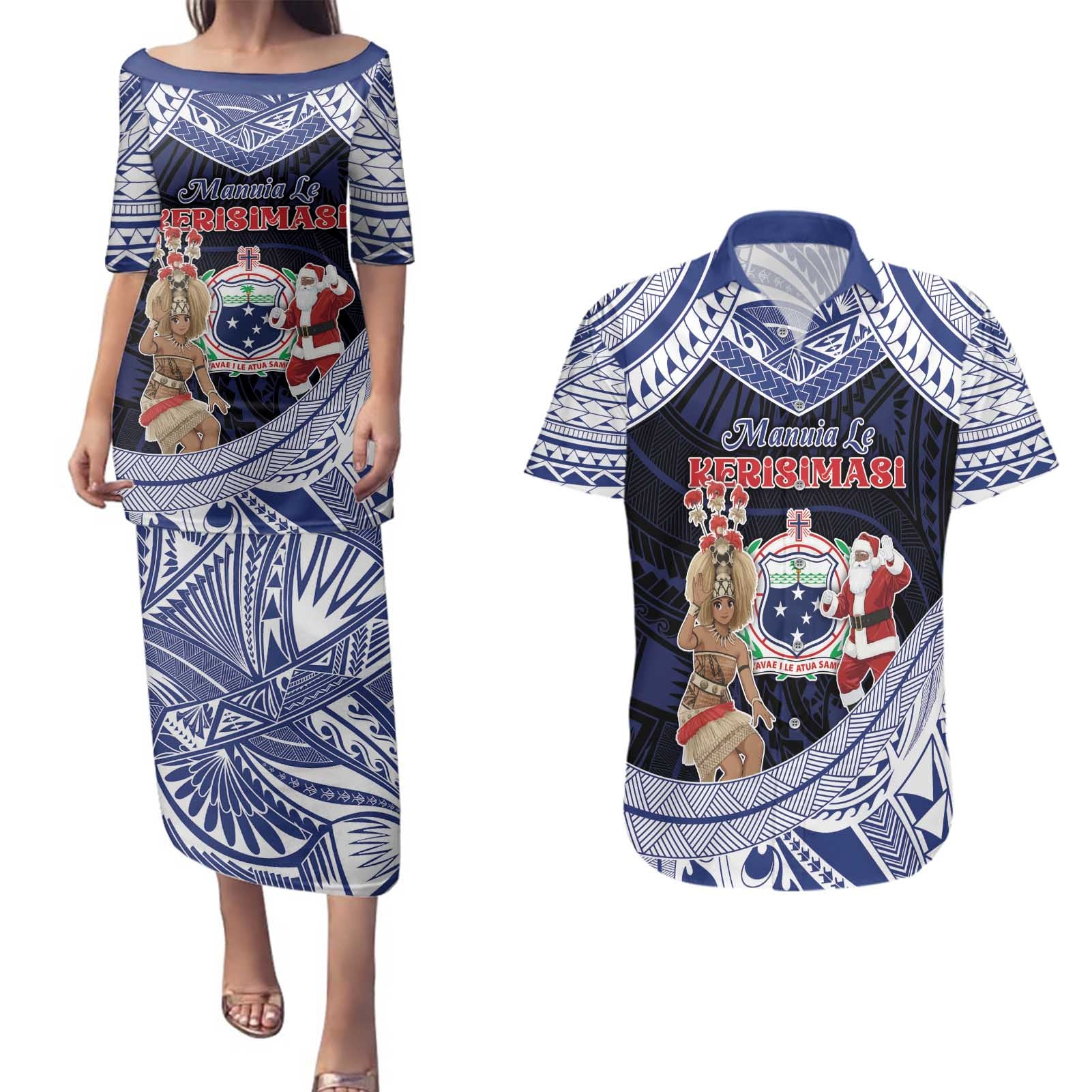 Samoa Christmas Couples Matching Puletasi and Hawaiian Shirt Samoan Siva Dance With Santa - Polynesian Pride