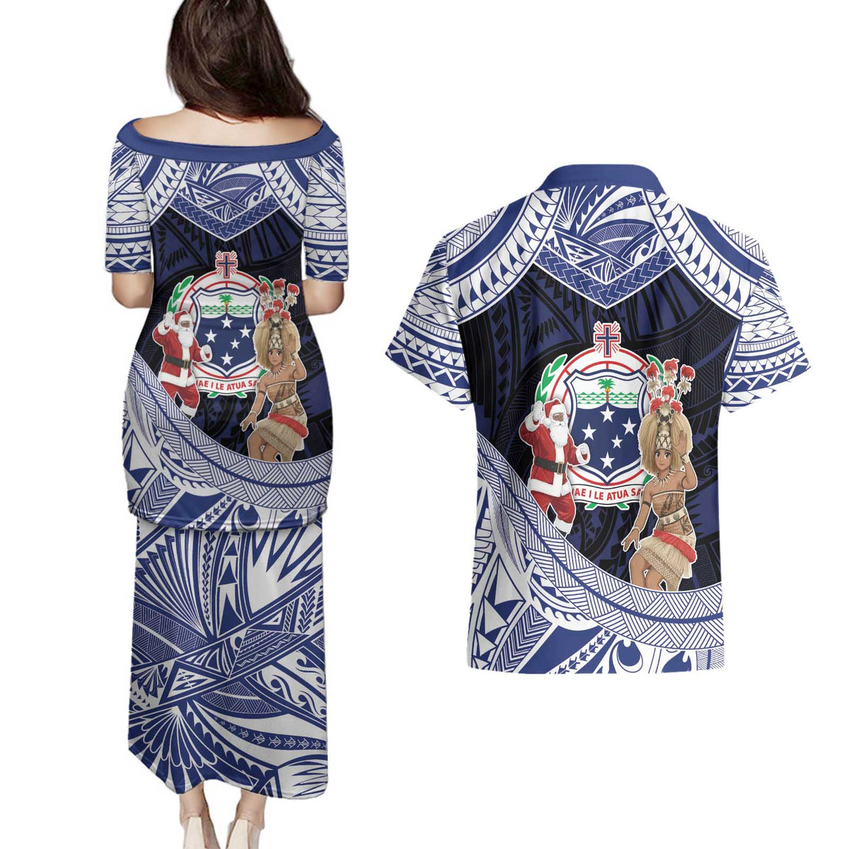 Samoa Christmas Couples Matching Puletasi and Hawaiian Shirt Samoan Siva Dance With Santa - Polynesian Pride