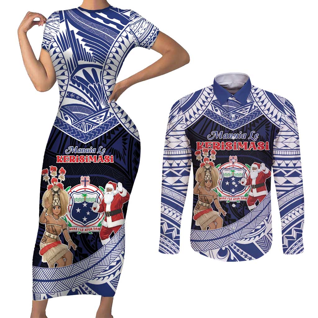 Samoa Christmas Couples Matching Short Sleeve Bodycon Dress and Long Sleeve Button Shirt Samoan Siva Dance With Santa - Polynesian Pride