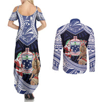 Samoa Christmas Couples Matching Summer Maxi Dress and Long Sleeve Button Shirt Samoan Siva Dance With Santa - Polynesian Pride