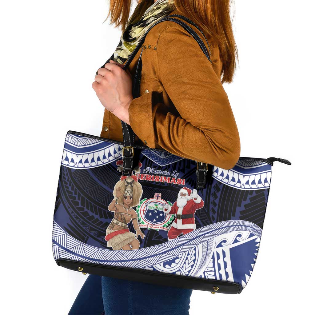Samoa Christmas Leather Tote Bag Samoan Siva Dance With Santa - Polynesian Pride