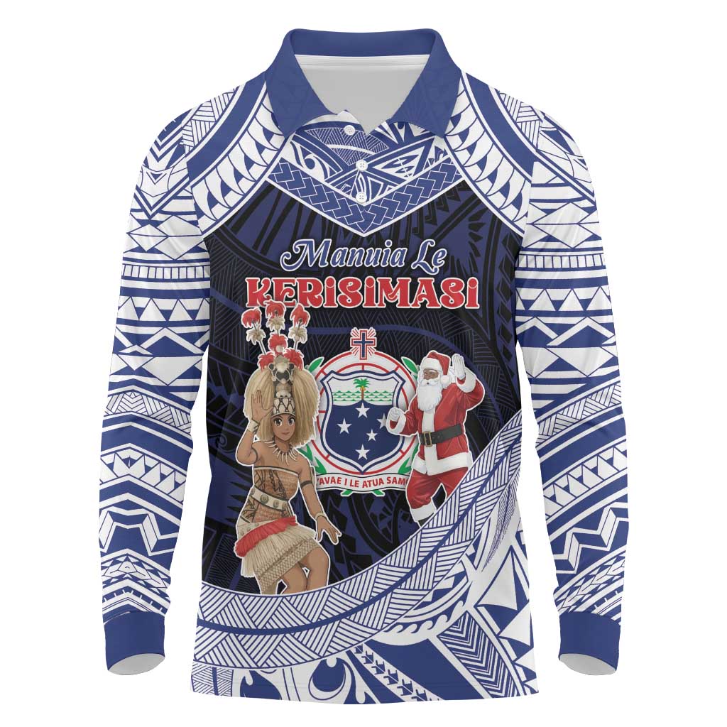 Samoa Christmas Long Sleeve Polo Shirt Samoan Siva Dance With Santa DT05 Navy - Polynesian Pride