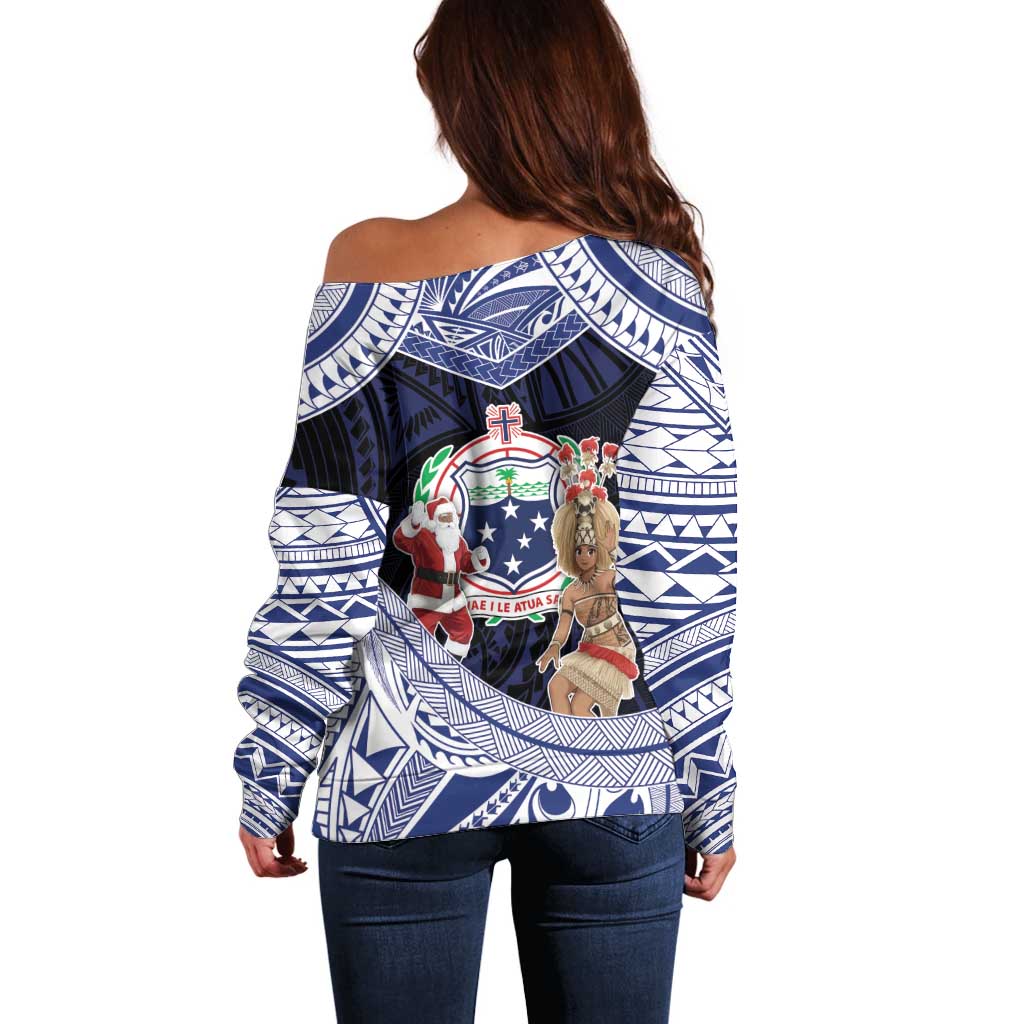 Samoa Christmas Off Shoulder Sweater Samoan Siva Dance With Santa - Polynesian Pride
