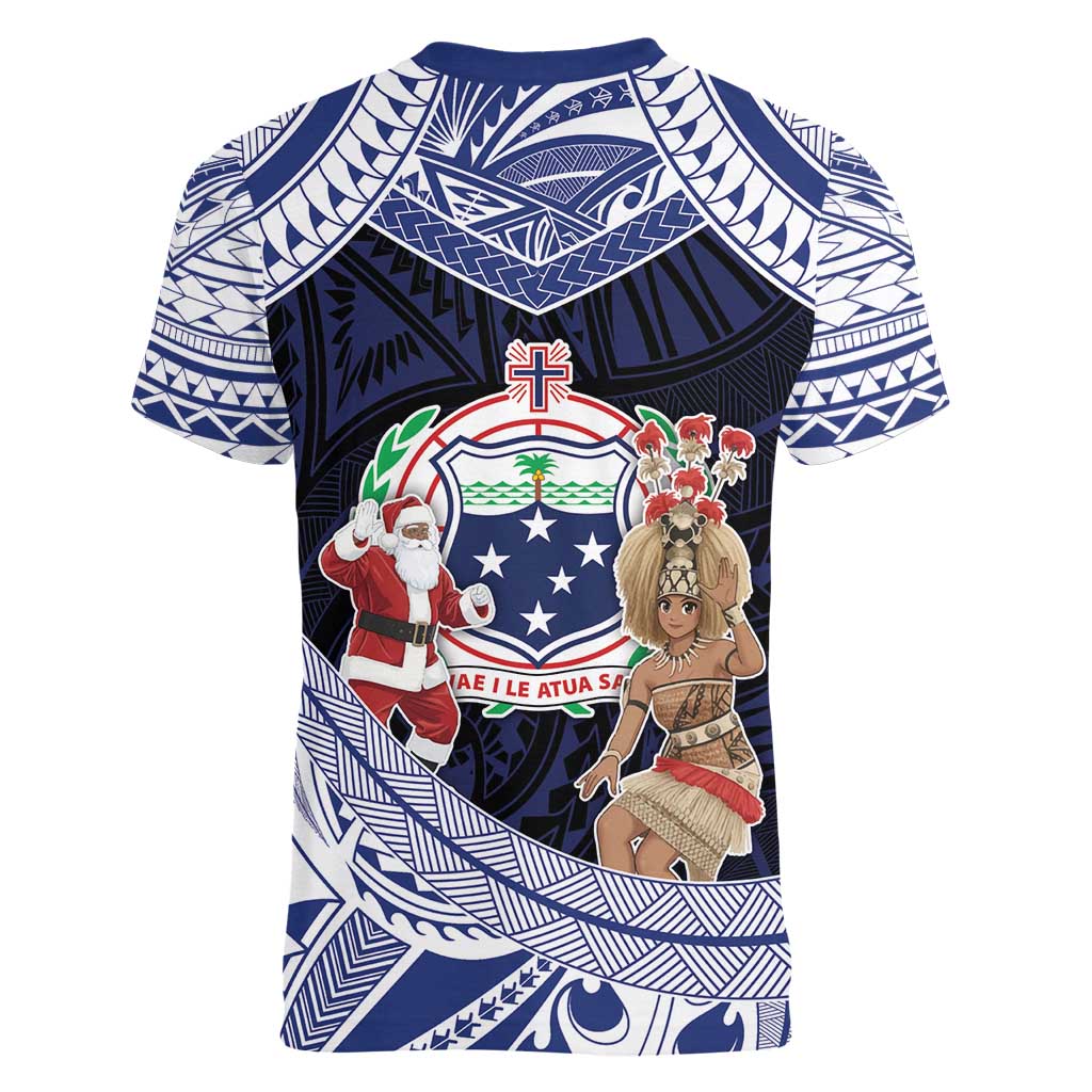 Samoa Christmas Women V-Neck T-Shirt Samoan Siva Dance With Santa - Polynesian Pride