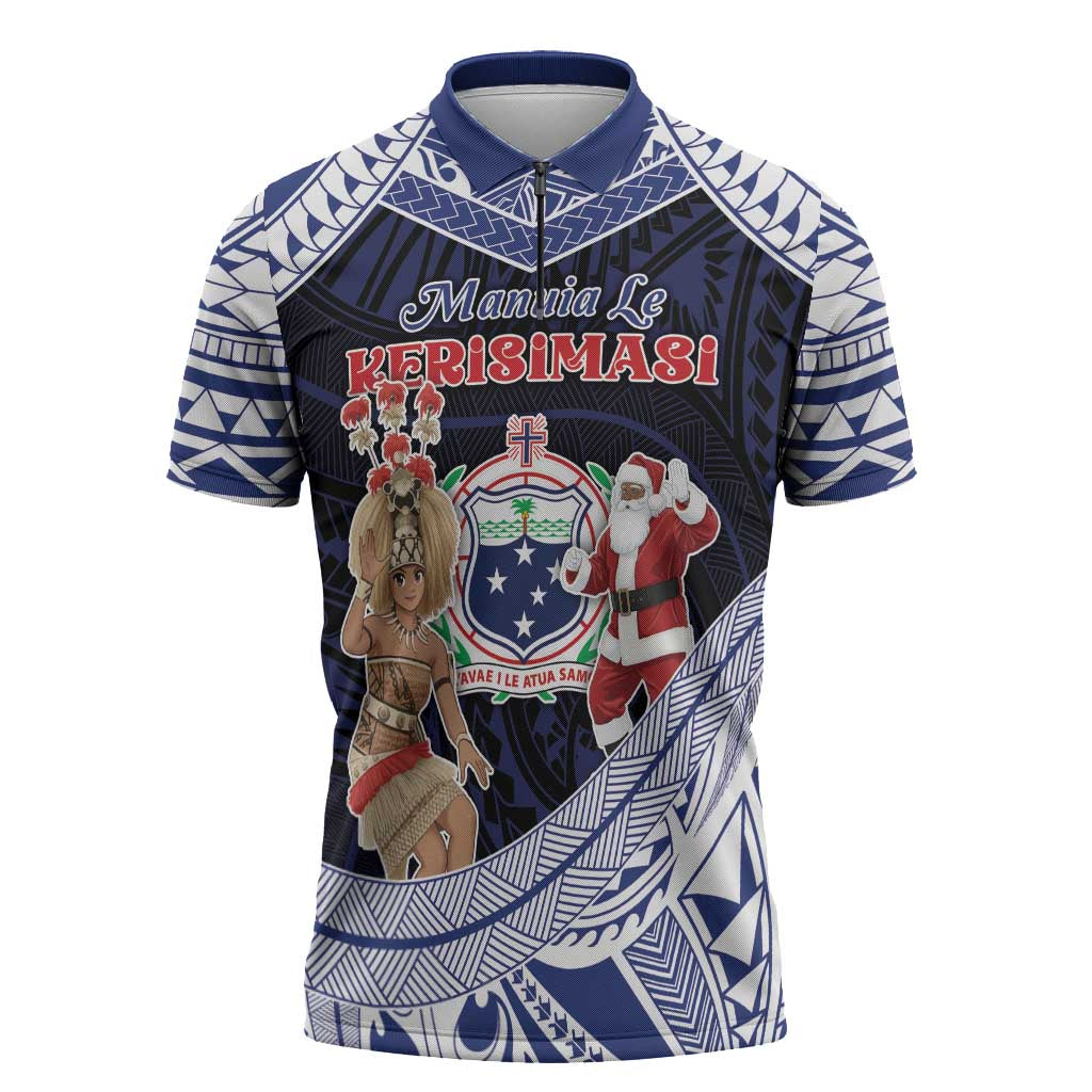 Samoa Christmas Zipper Polo Shirt Samoan Siva Dance With Santa - Polynesian Pride