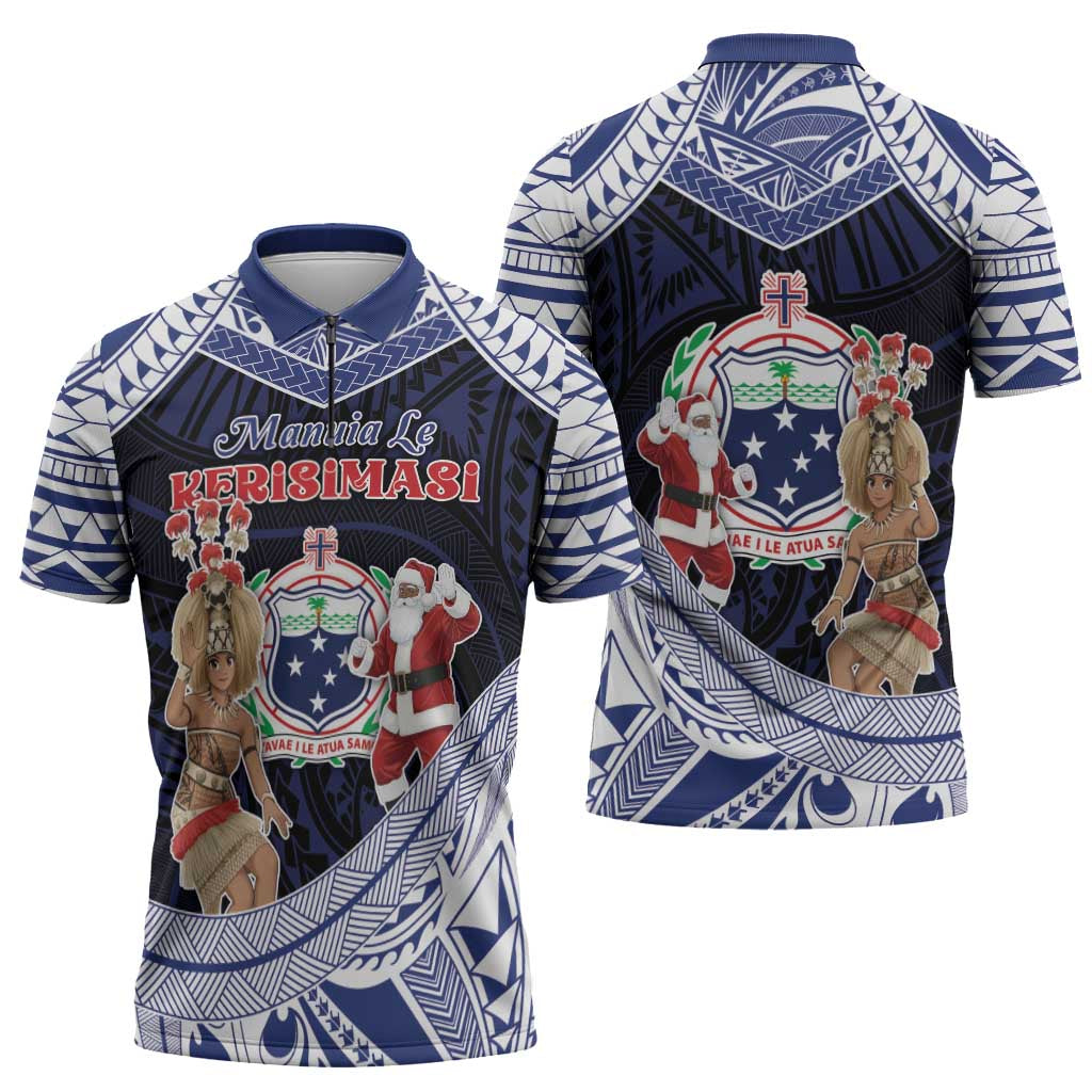 Samoa Christmas Zipper Polo Shirt Samoan Siva Dance With Santa - Polynesian Pride