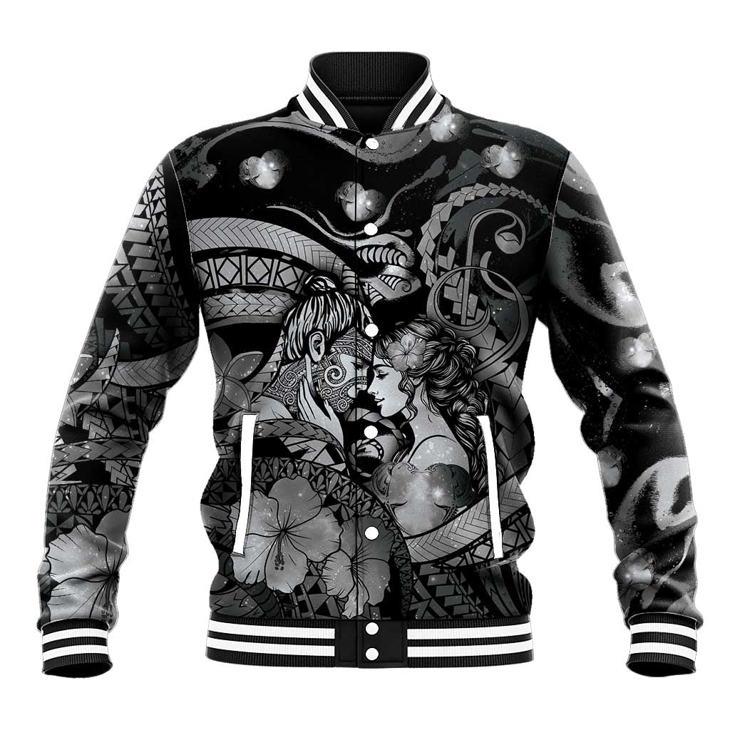 Personalised Maori Romantic Valentine Baseball Jacket The Hongi Kiss Black Galaxy DT05 Unisex Black - Polynesian Pride