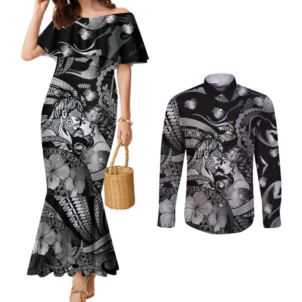 Personalised Maori Romantic Valentine Couples Matching Mermaid Dress and Long Sleeve Button Shirt The Hongi Kiss Black Galaxy DT05 Black - Polynesian Pride