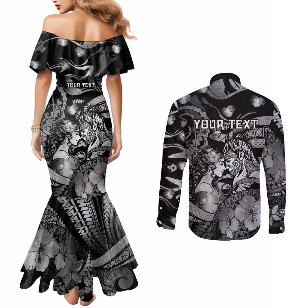 Personalised Maori Romantic Valentine Couples Matching Mermaid Dress and Long Sleeve Button Shirt The Hongi Kiss Black Galaxy DT05 - Polynesian Pride