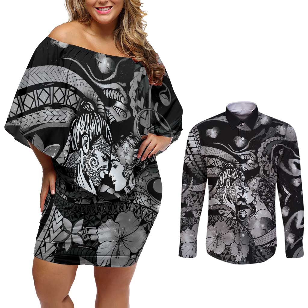 Personalised Maori Romantic Valentine Couples Matching Off Shoulder Short Dress and Long Sleeve Button Shirt The Hongi Kiss Black Galaxy