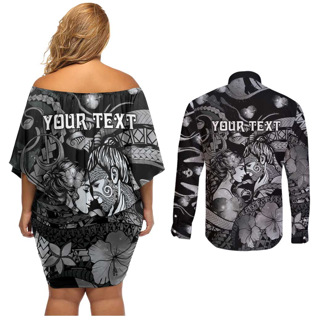 Personalised Maori Romantic Valentine Couples Matching Off Shoulder Short Dress and Long Sleeve Button Shirt The Hongi Kiss Black Galaxy