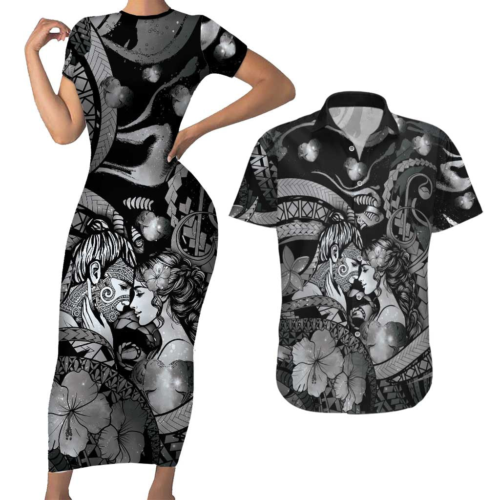 Personalised Maori Romantic Valentine Couples Matching Short Sleeve Bodycon Dress and Hawaiian Shirt The Hongi Kiss Black Galaxy