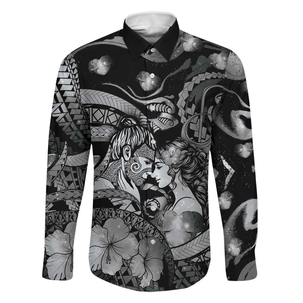 Personalised Maori Romantic Valentine Family Matching Off The Shoulder Long Sleeve Dress and Hawaiian Shirt The Hongi Kiss Black Galaxy