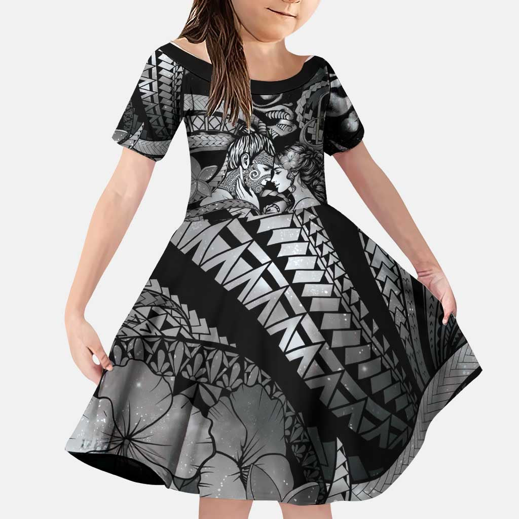 Personalised Maori Romantic Valentine Family Matching Off Shoulder Short Dress and Hawaiian Shirt The Hongi Kiss Black Galaxy