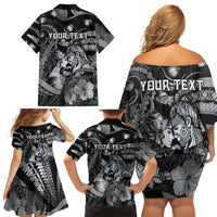 Personalised Maori Romantic Valentine Family Matching Off Shoulder Short Dress and Hawaiian Shirt The Hongi Kiss Black Galaxy
