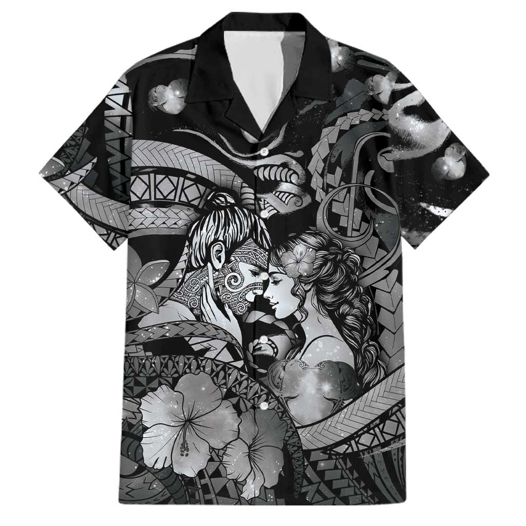 Personalised Maori Romantic Valentine Family Matching Puletasi and Hawaiian Shirt The Hongi Kiss Black Galaxy