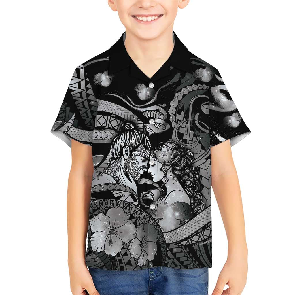 Personalised Maori Romantic Valentine Kid Hawaiian Shirt The Hongi Kiss Black Galaxy DT05 Kid Black - Polynesian Pride